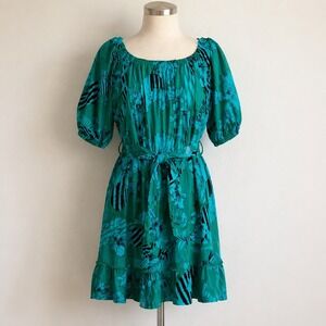 Boho Flowy Dress 16 Teal Floral Cottagecore Romantic Tiered Belted Coastal Chic